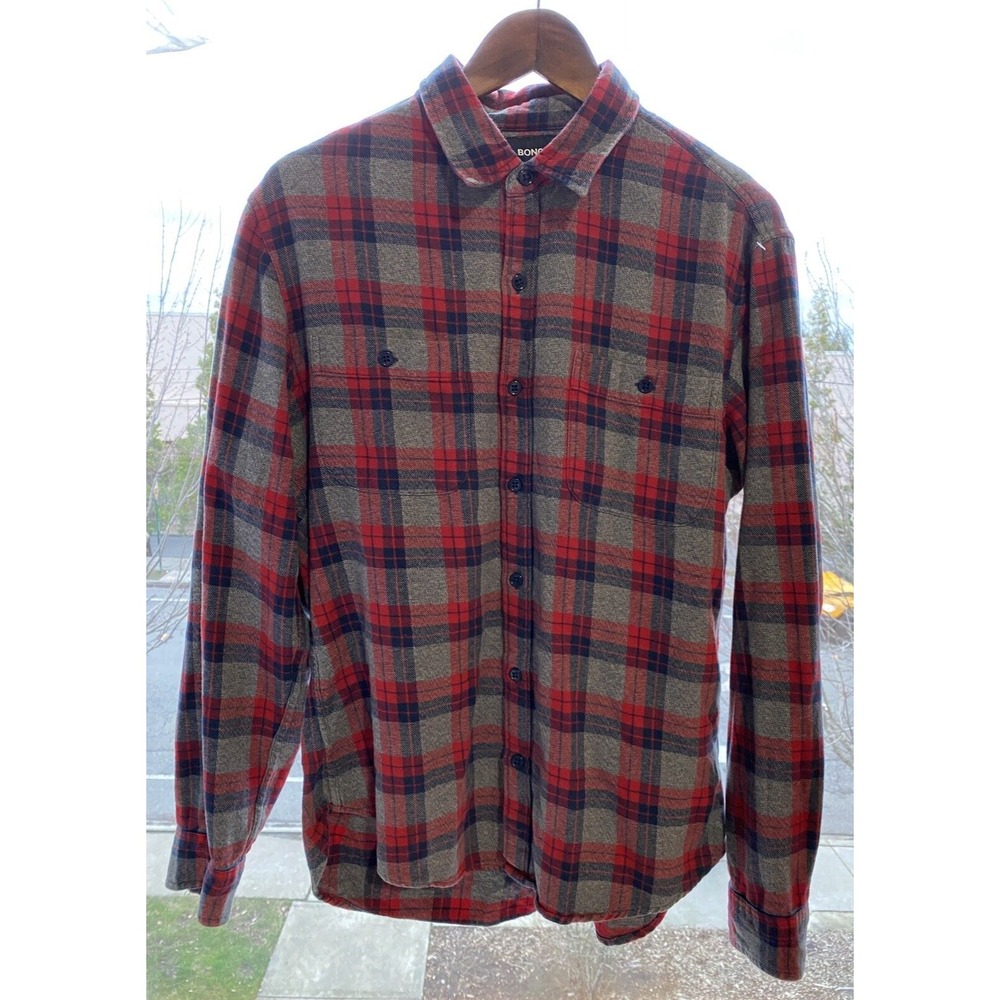 Bonobos Mens Long Sleeve L Slim Fit Plaid Multicolor Red Gray Button Up Shirt